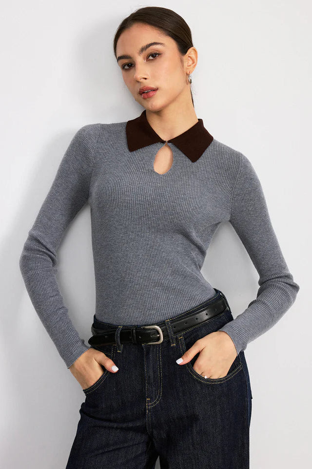 COMMENSE | Contrast Collar Wool Blend Ribbed Knit Top (S)