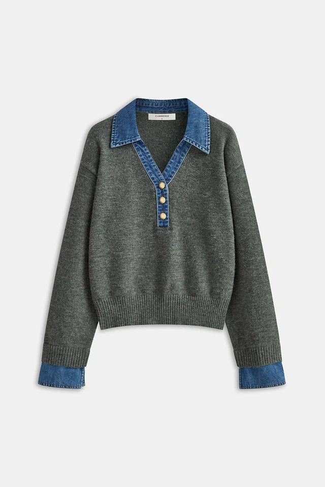 COMMENSE | Denim Collar Knit Top (S)