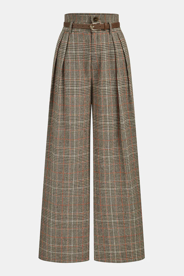 COMMENSE | Belted Plaid High-Waisted Pants (M)