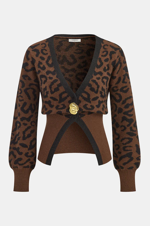 COMMENSE | Metal Button Leopard Print Knit Top (XS)