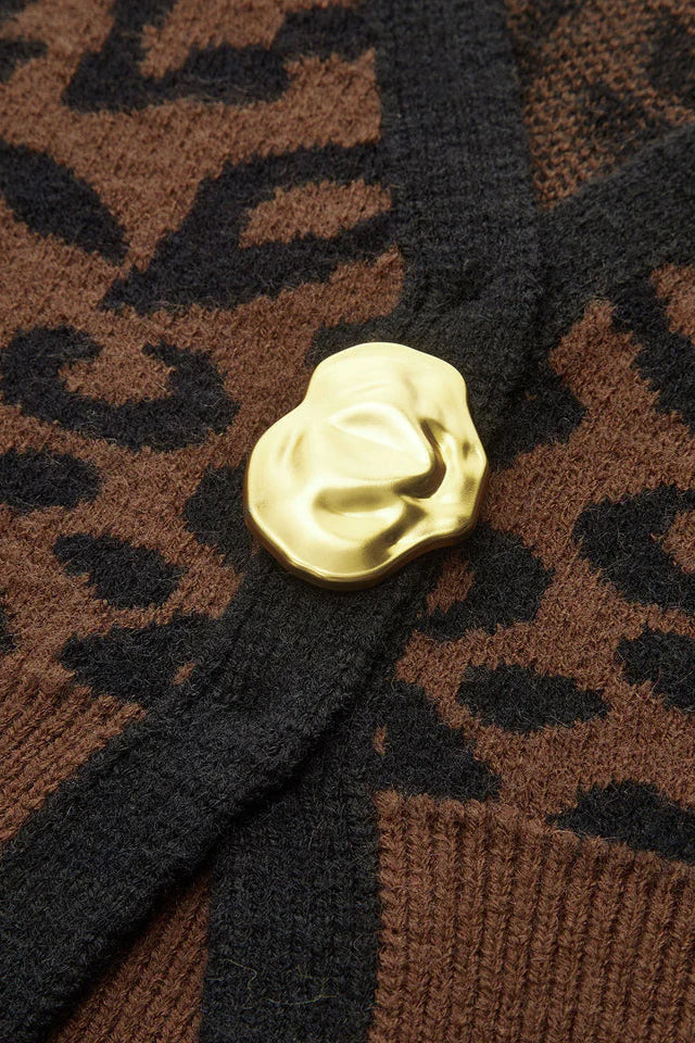 COMMENSE | Metal Button Leopard Print Knit Top (XS)