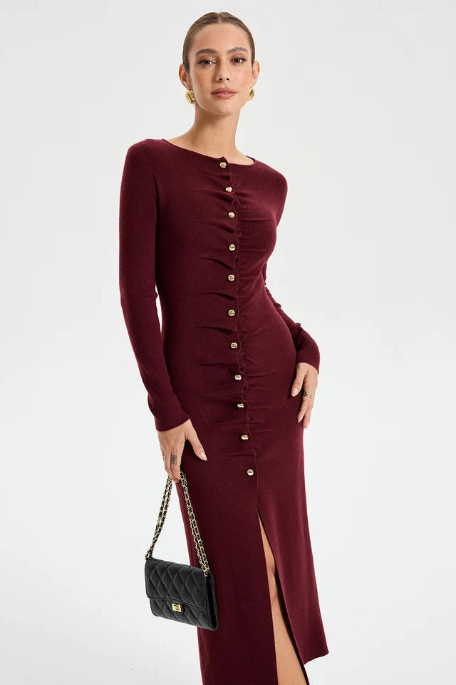 COMMENSE - Long Sleeve Wide Neck Button Front Knit Dress (S/M)