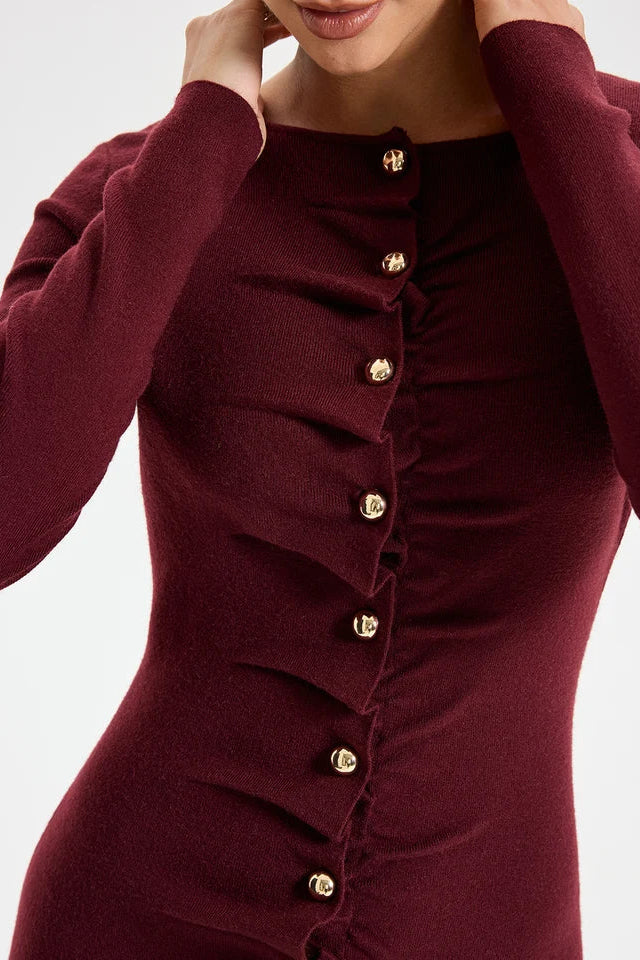 COMMENSE - Long Sleeve Wide Neck Button Front Knit Dress (S/M)