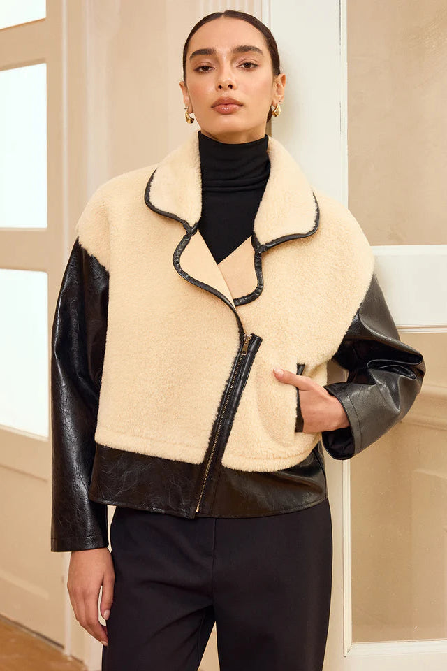 COMMENSE | Faux Leather Panel Shearling Jacket (S)