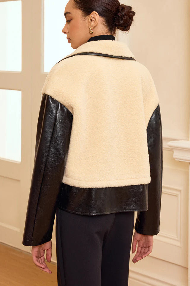 COMMENSE | Faux Leather Panel Shearling Jacket (S)