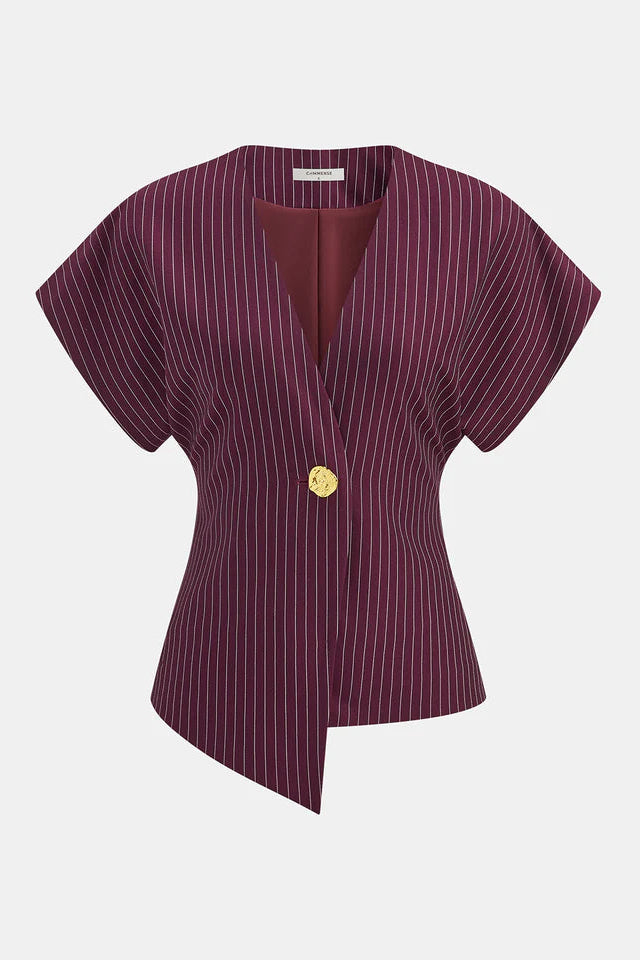 COMMENSE | Striped V-Neck Blouse with Metal Detail (M)