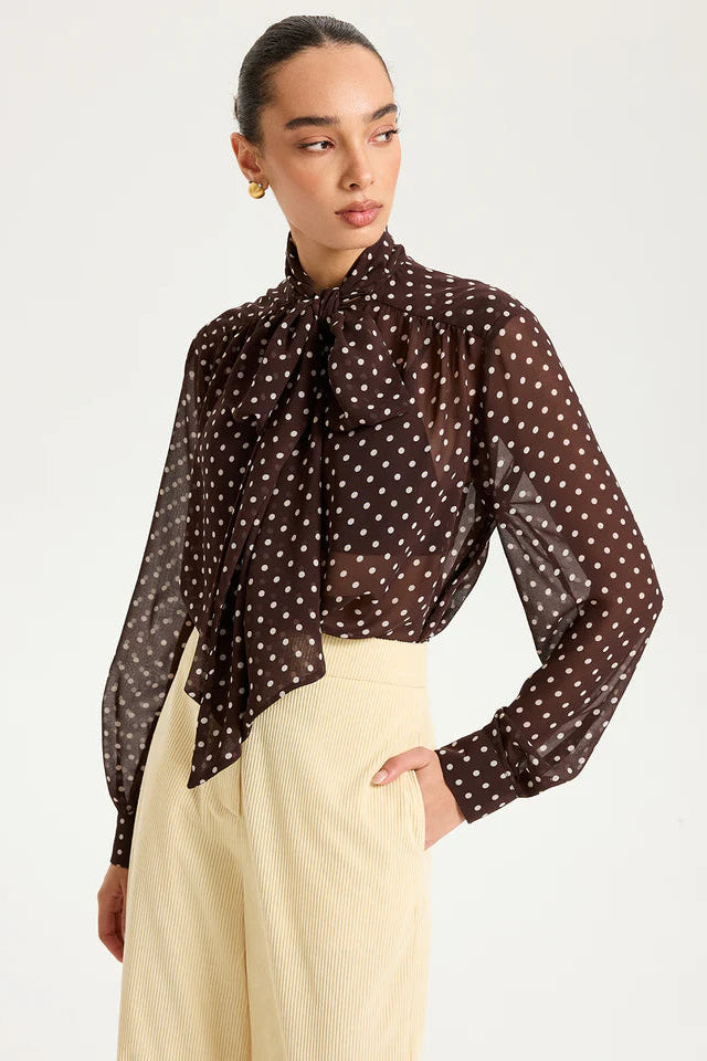 COMMENSE | Semi-Sheer Polka Dot Chiffon Bow Blouse (S)