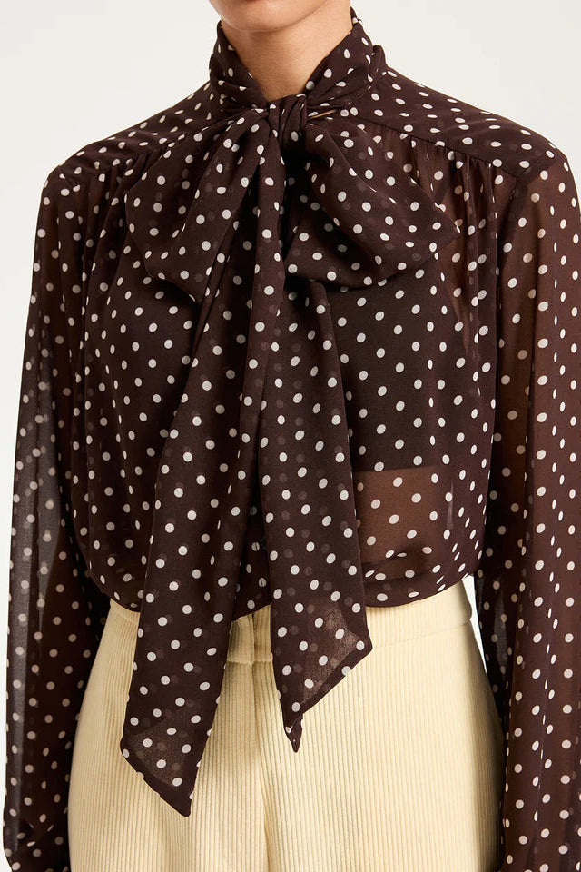 COMMENSE | Semi-Sheer Polka Dot Chiffon Bow Blouse (S)