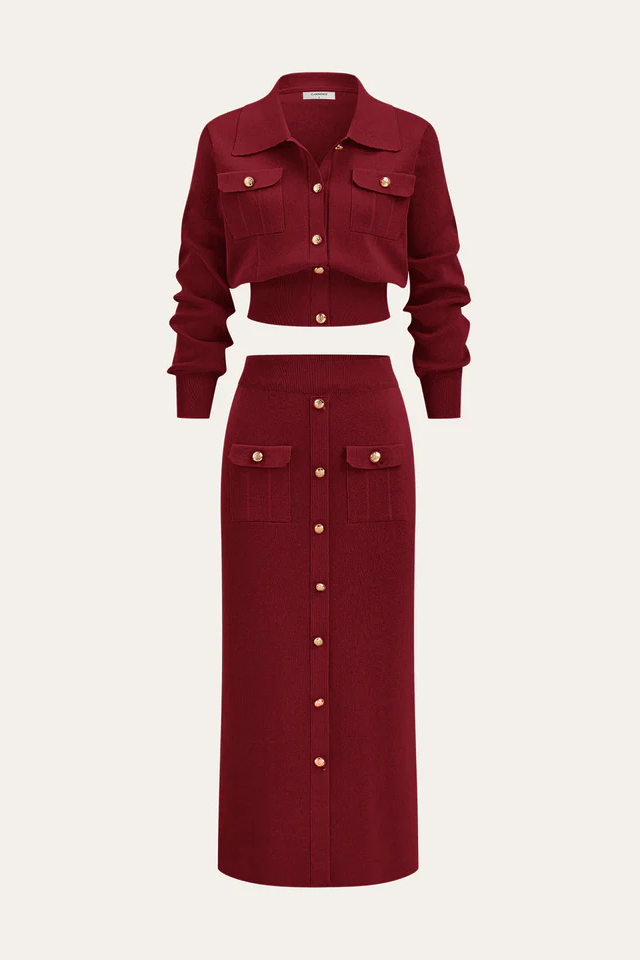 COMMENSE | Metal Button Collared Cardigan and Midi Skirt Set (XL)