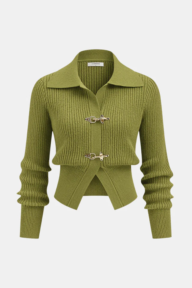 COMMENSE | Collared Metal Buckle Ribbed Cropped Sweater (M)