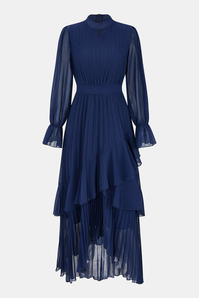 COMMENSE | Semi-Sheer Pleated Chiffon Ruffle Maxi Dress (M)