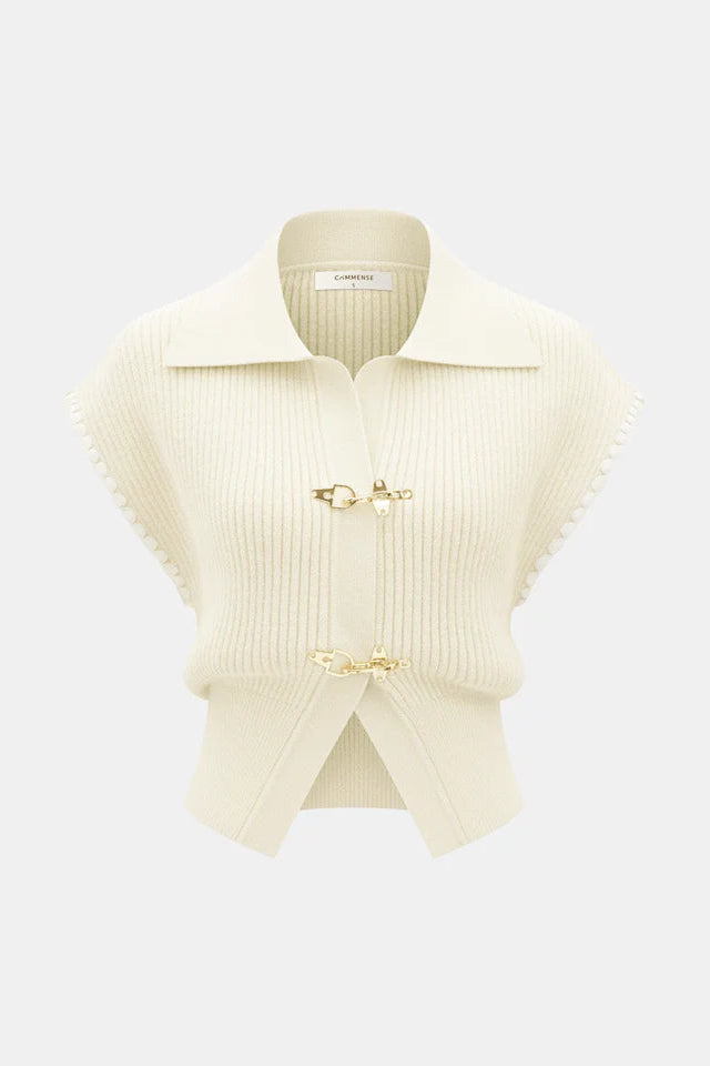 COMMENSE | Metal Clasp Contrast Trim Collared Knit Vest (XS)