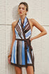 COMMENSE | Halter Striped Satin Wrap Mini Dress (XL)