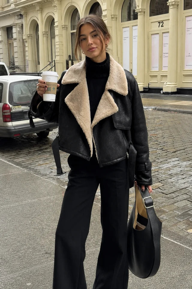 COMMENSE-Sherpa Lined Shearling Leather Flight Jacket