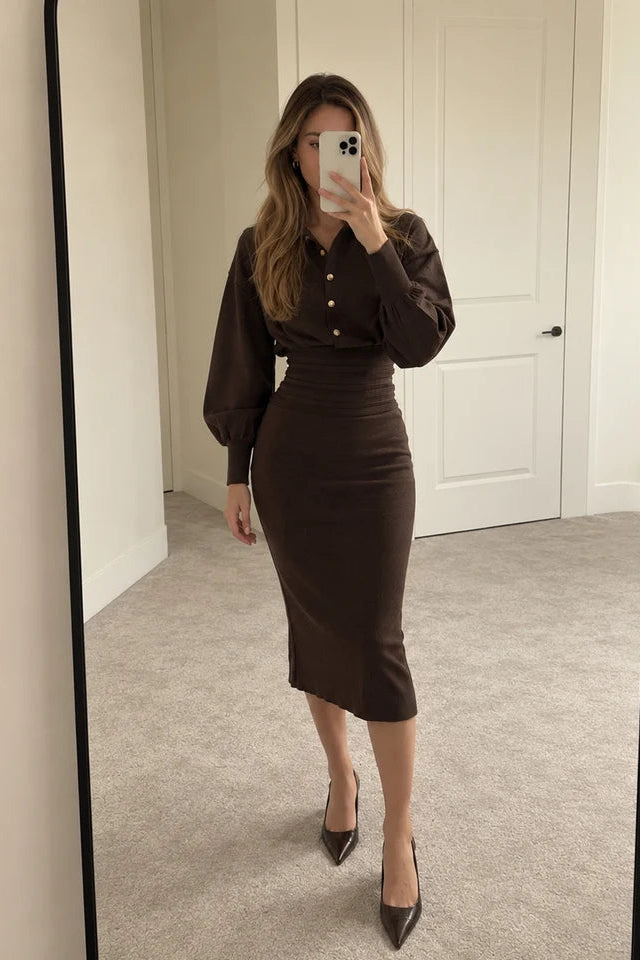 COMMENSE - Cinched Waist Knit Shirt Dress (XL)
