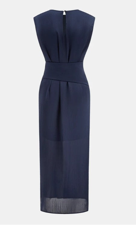 Navy blue dress with a subtle pattern on a white background