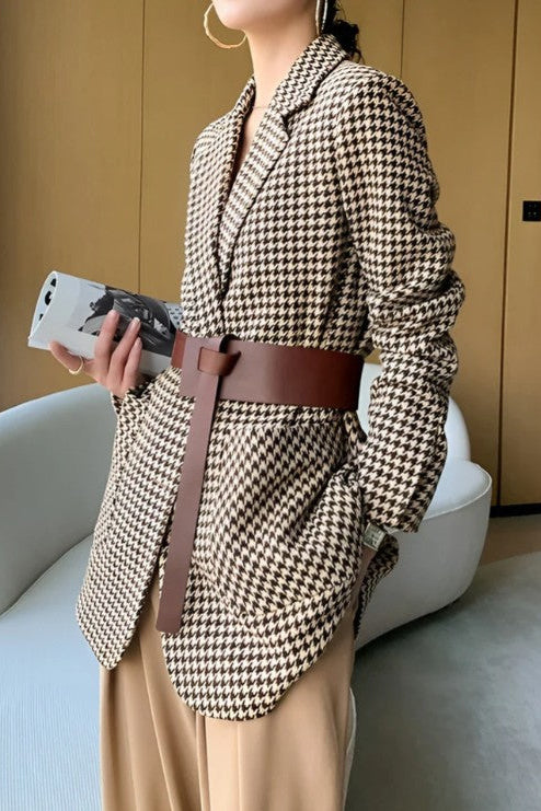 COMMENSE | Houndstooth Split Blazer With Belt (S)