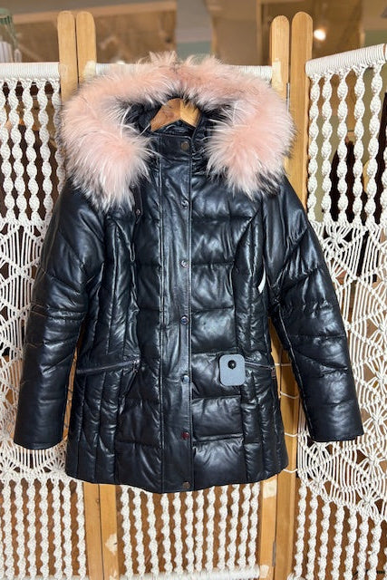 DANIER Leather Puffer Coat with Fur Trim (M)