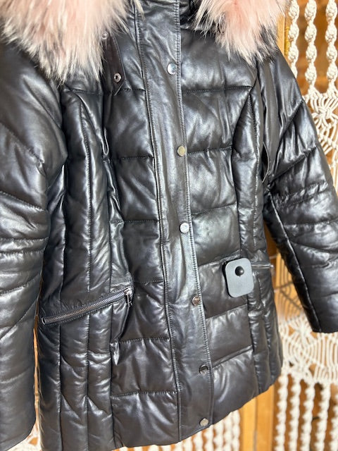 DANIER Leather Puffer Coat with Fur Trim (M)
