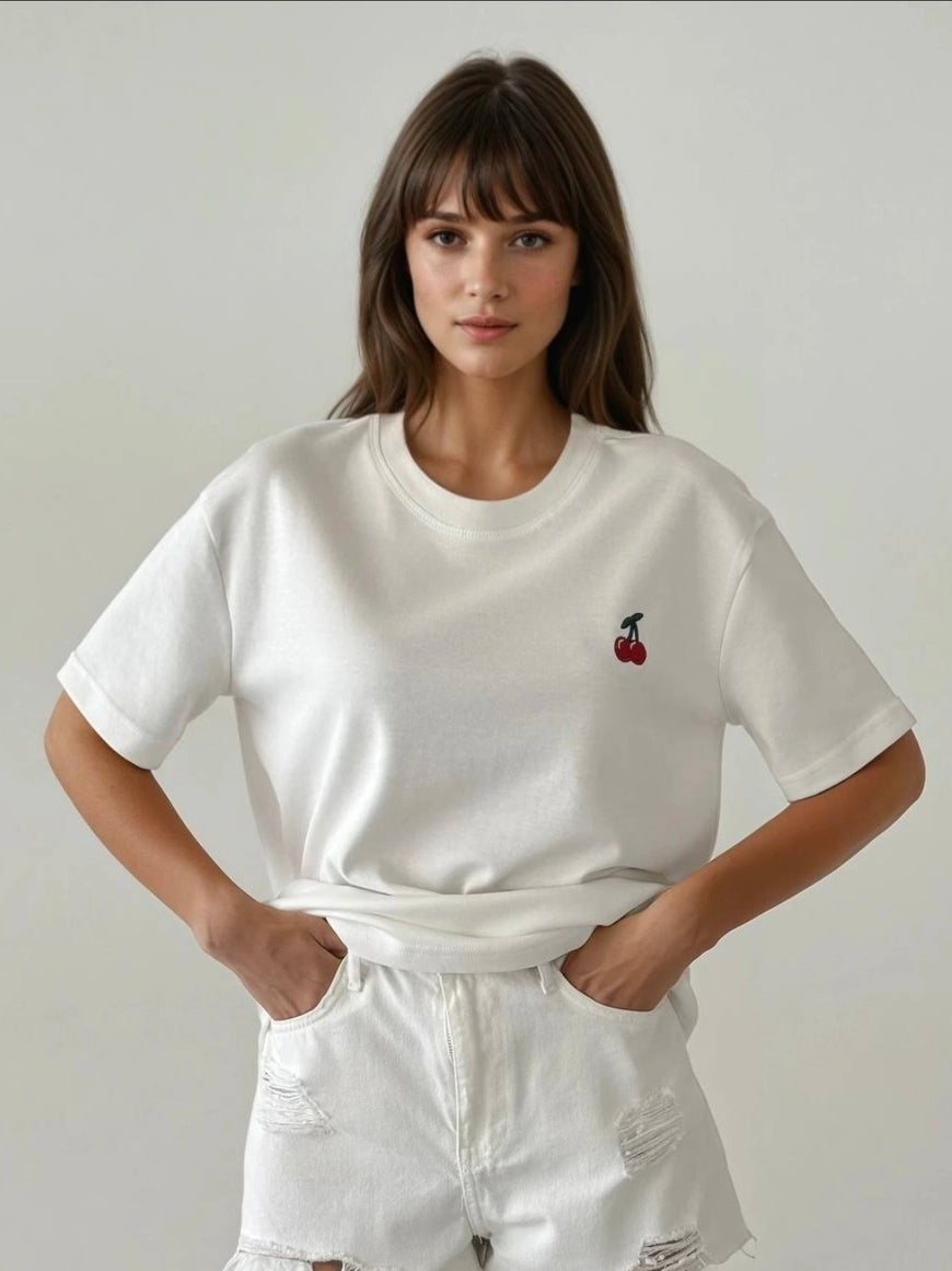 Cherry Embroidered Cotton T-Shirt