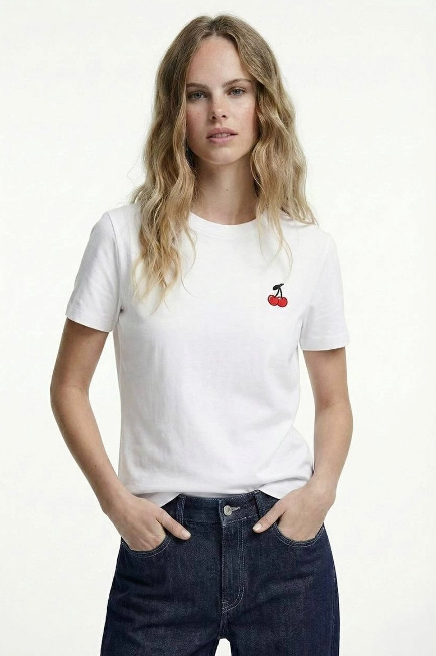Cherry Embroidered Cotton T-Shirt