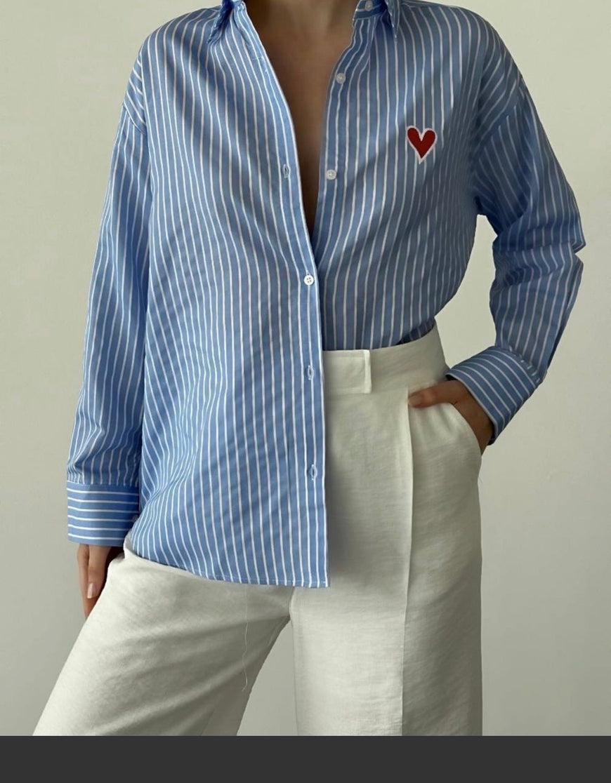 Heart Embroidered Pinstripe Shirt- Blue