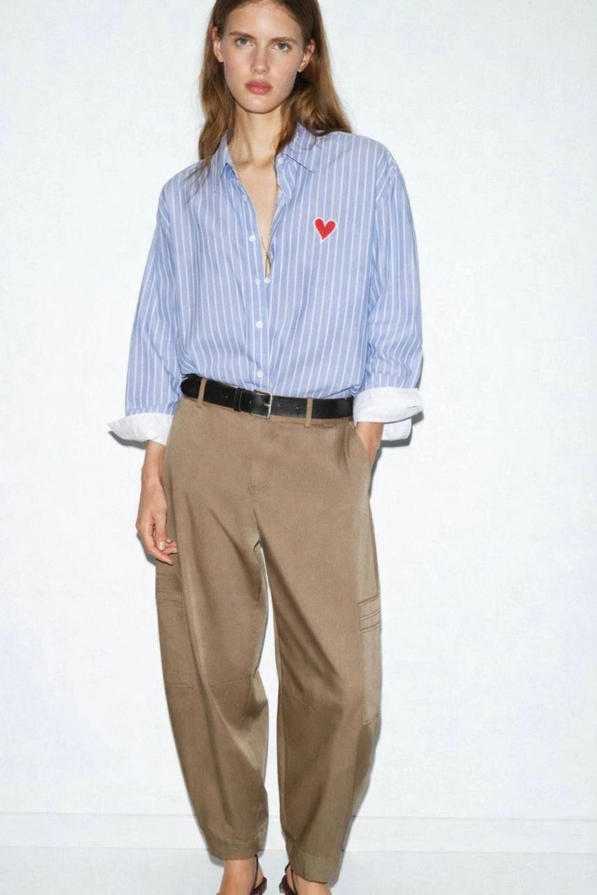 Heart Embroidered Pinstripe Shirt- Blue
