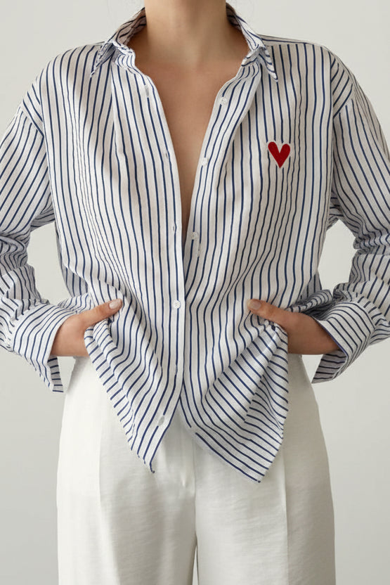 Heart Embroidered Pinstripe Shirt- Navy
