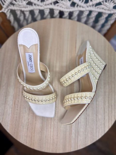 JIMMY CHOO- Sacoria 85 Pearls Wedges (37.5) – Bella Women's Consignment ...