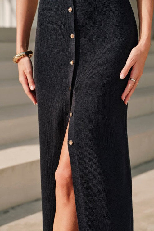 COMMENSE | Metal Button Collar Midi Knit Dress
