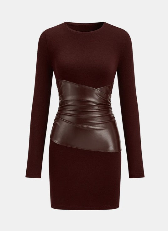 Burgundy dress with leather panel on a white background