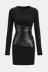 COMMENSE | Vegan Leather Panel Long Sleeve Knit Dress