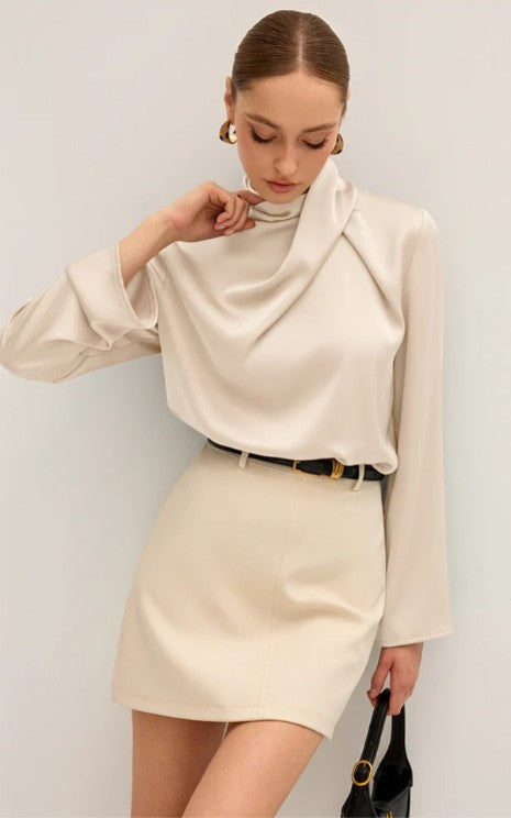 COMMENSE | Satin Draped High Neck Blouse