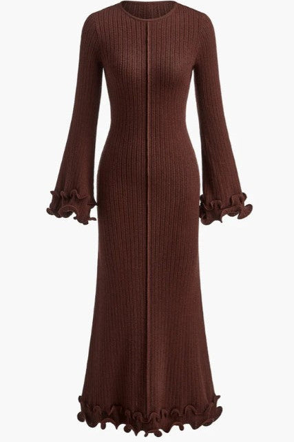 Brown ribbed dress with ruffled sleeves and hem on a white background