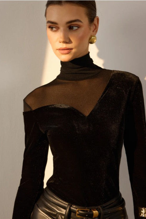 COMMENSE | Stacking Neck Sheer-Detail Velvet Blouse (Fits L)
