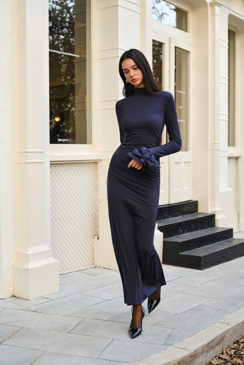 COMMENSE | Elegant Ruffle Split Jersey Long Dress (M)