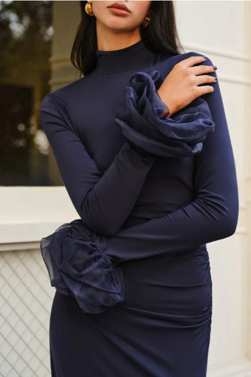 COMMENSE | Elegant Ruffle Split Jersey Long Dress (M)