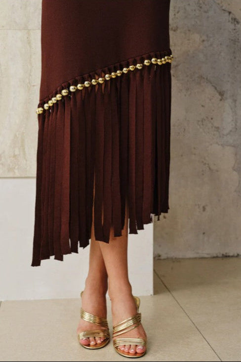 COMMENSE | Asymmetric Fringe Metal Bead Detail Midi Dress (M)