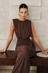 COMMENSE | Brown Sleeveless Ruched Maxi Dress with Gold Metal Buckle (M)
