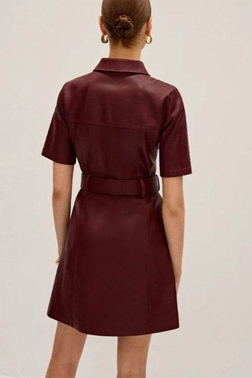 Burgundy dress worn by a person on a plain background