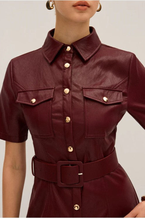 Maroon leather dress with gold buttons on a neutral background