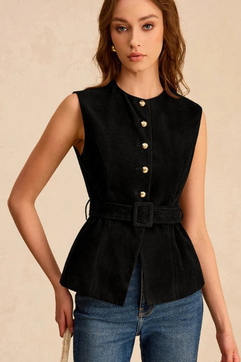 COMMENSE | Faux Suede Vest with Belt