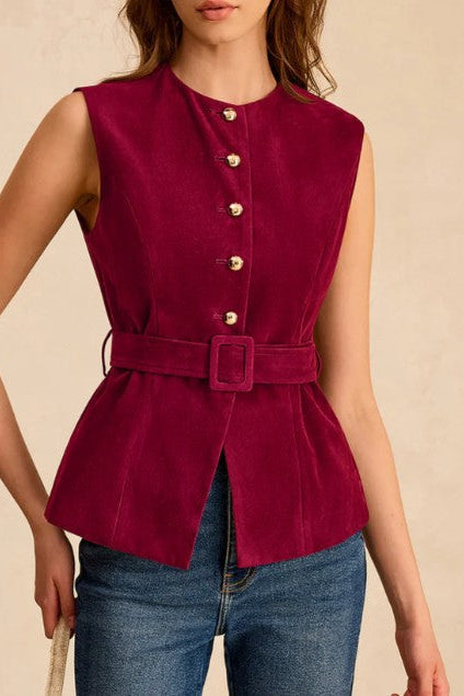 COMMENSE | Faux Suede Vest with Belt