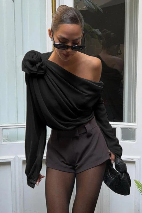 COMMENSE | Chiffon Semi-Sheer One Shoulder Asymmetrical Blouse