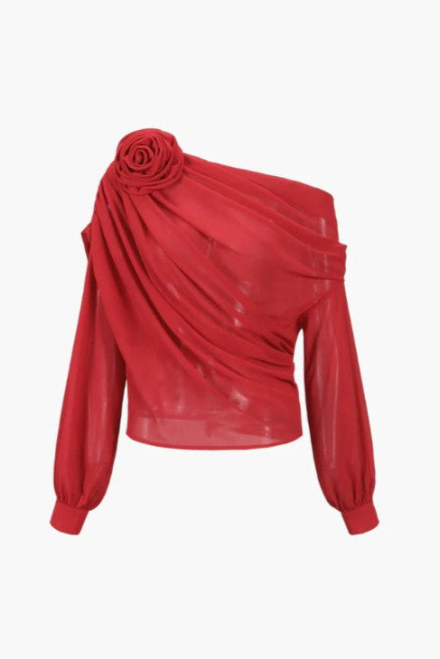 COMMENSE | Chiffon Semi-Sheer One Shoulder Asymmetrical Blouse