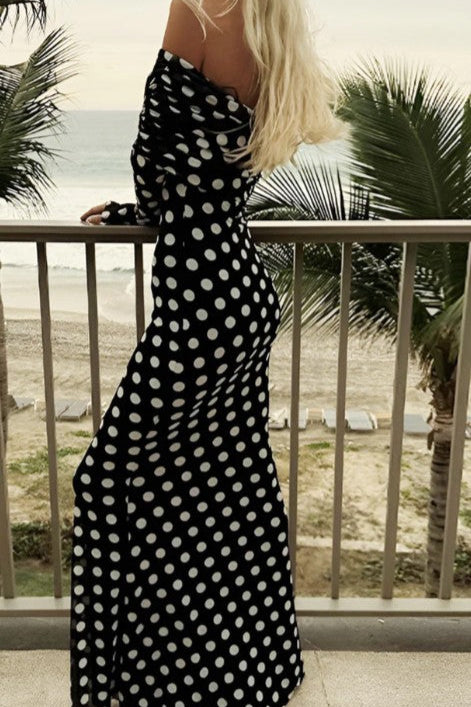 COMMENSE | Long Sleeve Off-Shoulder Polka Dot Print Long Dress (XL)