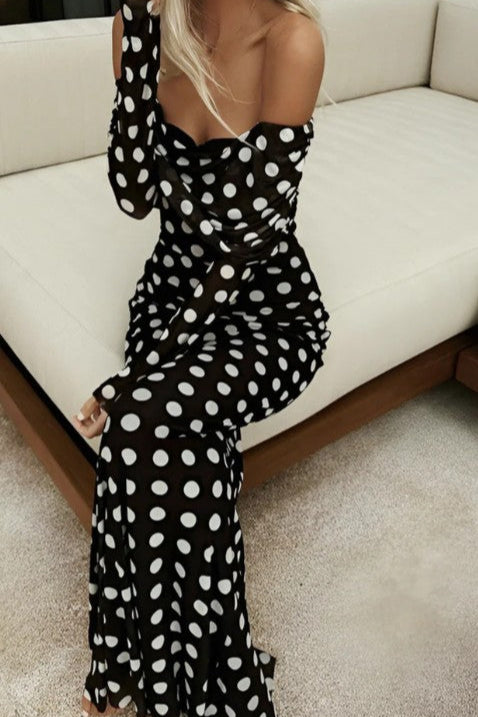 COMMENSE | Long Sleeve Off-Shoulder Polka Dot Print Long Dress (XL)