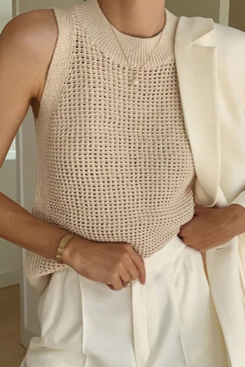 COMMENSE | Knit Hollow Solid Tank Top (L)