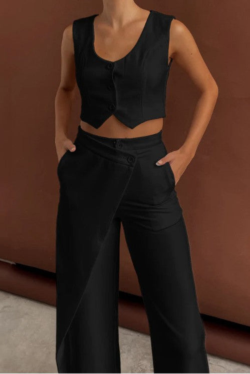 COMMENSE| Asymmetrical Straight Leg Pants with Cropped Vest (L)
