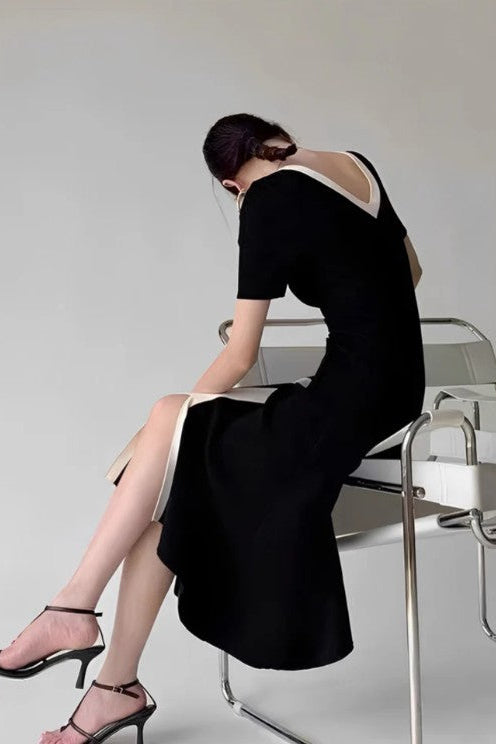 COMMENSE | Two Tone V-Neck Knit Slit Midi Dress (L)